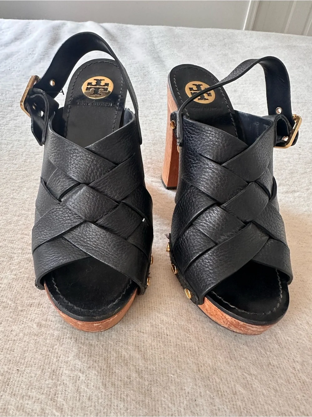 Tory Burch Jodi Black Leather Woven Platform Heels Sandals